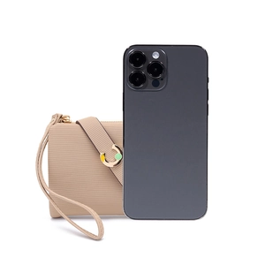 Size comparison of beige folding wallet with wrist strap next to a smartphone