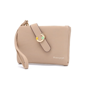 Beige textured short zipper wallet with wristlet and golden horseshoe buckle detail
