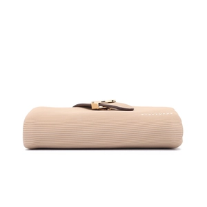 Close-up of khaki wallet featuring horizontal striped texture and dark brown clasp