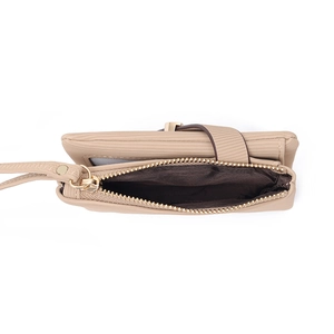 Short fold-over zipper wallet with wristlet strap and clear ID window in khaki finish