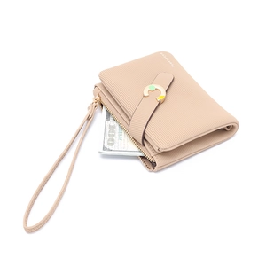 Detail of pink vertical stripe PU leather wallet with golden C-buckle and wrist strap