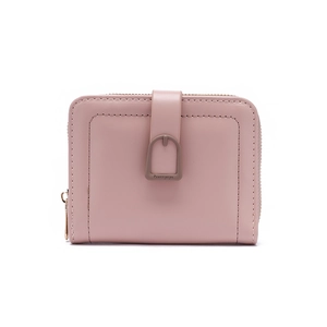 Detailed view of pink PU leather wallet with snap closure and stitched strap detail