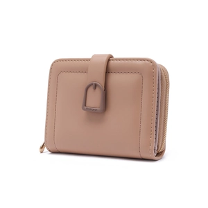 Macro side view of elegant PU leather compact wallet featuring zipper and buckle details