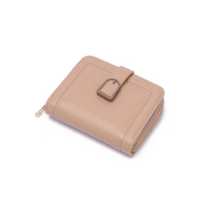 Close-up of khaki PU leather wallet showing gold zipper detail and buckle closure