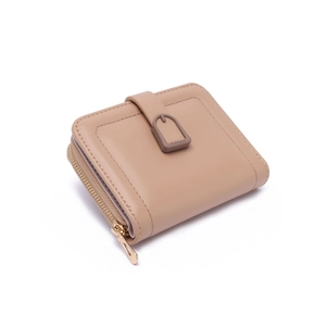 Close-up of light khaki PU leather wallet showing gold zipper and brand snap button