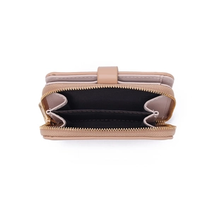 Detail view of khaki PU leather mini wallet with gold zipper and dual inner compartments