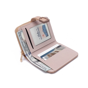 Detail view of pink PU leather mini wallet showing card slots and zipper pocket