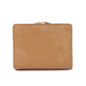 Vintage camel matte leather trifold wallet with retro gold hardware buckle closure