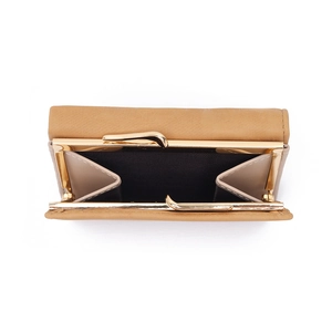 Vintage khaki trifold wallet with gold metal clasp and accordion coin compartment