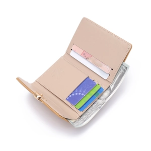 Beige faux leather tri-fold wallet with multiple card slots and gold hardware buckle