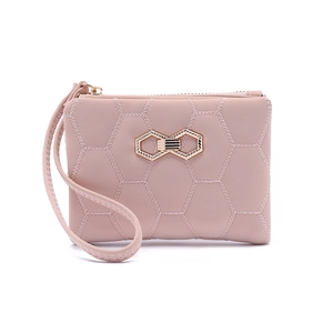 Mini portefeuille en cuir PU rose clair matelassé avec nœud doré et dragonne pour femme