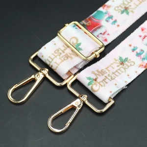 Adjustable Christmas bag strap with Merry Christmas gold print and metal hooks