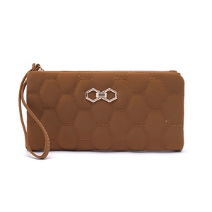 Brown quilted long wallet for women with gold geometric buckle and wrist strap