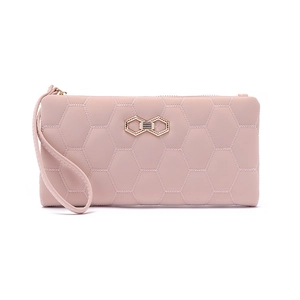 Detail of mauve quilted long wallet with hexagon pattern and golden bow metal buckle