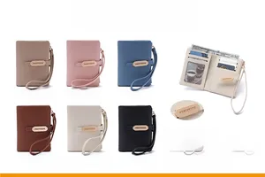 Detail of compact PU leather wallet showing inner card slots and a clear photo window