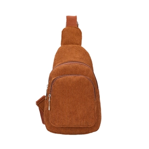 Brown corduroy crossbody chest bag with striped texture and adjustable shoulder strap