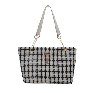 Classic black and white checkered tote bag with gold deer pendant and chain strap