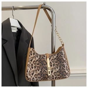 Chic leopard print underarm bag with gold lock and khaki leather trim detail