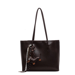 Retro dark brown leather tote bag for women with cute dachshund charm and long straps