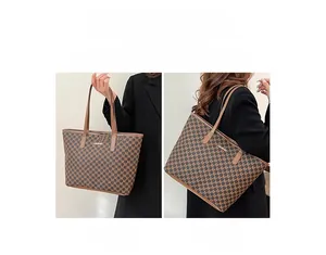 Brown tote bag with 'M' pattern print showing handheld and shoulder carry styles