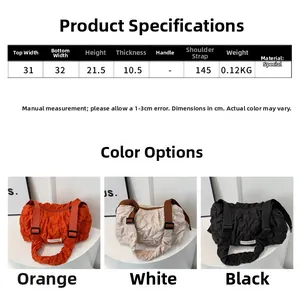 Detailed size chart and color options for quilted crossbody bag with precise dimensions