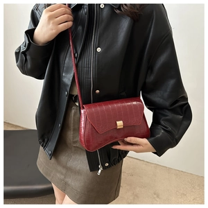 Vintage burgundy crocodile pattern square shoulder bag with gold metal buckle