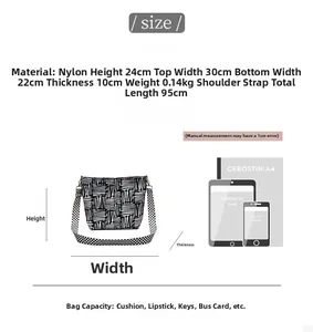 Size guide for canvas tote bag showing dimensions, capacity, and nylon material details