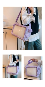 Detailed shots of a purple canvas ita bag with a large clear window and adjustable strap