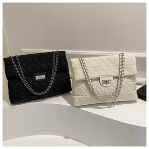 Quilted large capacity crossbody hobo bag with silver chain strap in black and beige
