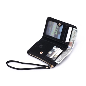 Portefeuille femme en similicuir noir mat avec dragonne et compartiments cartes
