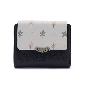 Detail of bifold wallet featuring lychee-textured PU leather and leaf-shaped clasp