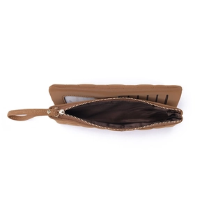 Women's vintage brown quilted long wallet with wrist strap and multi-card slot interior