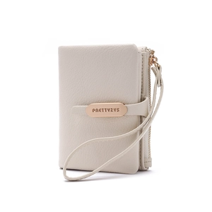 Close-up of cream PU leather wallet with litchi texture, metal logo and wrist strap