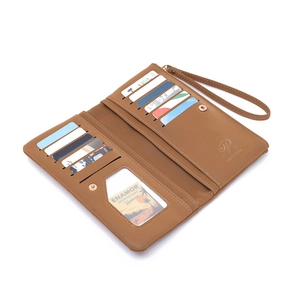 Detailed interior of caramel brown long wallet showing 12 card slots and ID window