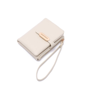 Detail view of cream white PU leather wallet with gold metal plate and wrist strap