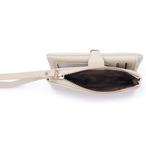 Beige PU leather zip wallet for women with wrist strap and multiple card slots