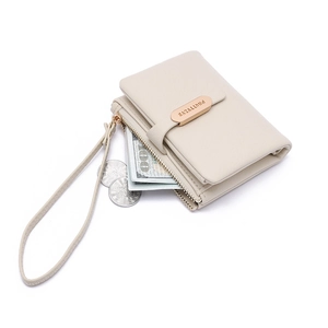 Chic cream PU leather women clutch with wristlet strap and metallic clasp closure