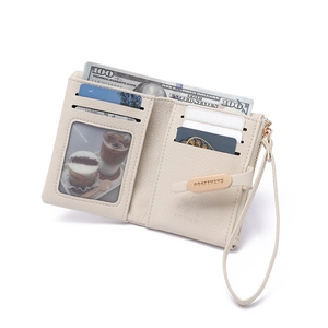 Women's bifold PU leather wallet in apricot with multiple card slots and wrist strap