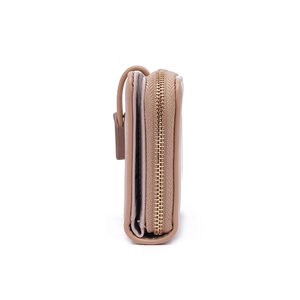Minimalist beige PU leather women's short wallet with secure zipper and folding clasp