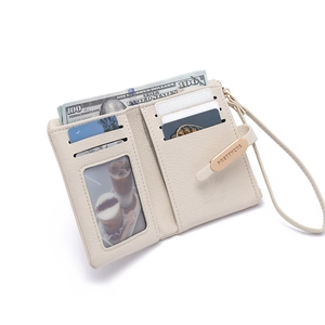 Detail of beige PU leather wallet interior with card slots, photo ID window and wrist strap