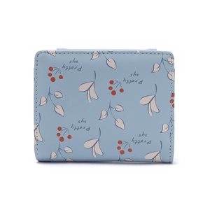 Portefeuille court bleu en cuir PU pour femme avec motifs floraux et fermeture