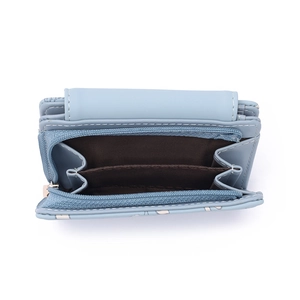 Petit portefeuille pliable en cuir PU bleu clair avec compartiment zippé et coutures