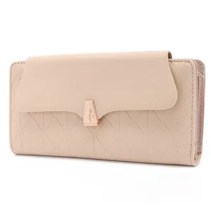 Detail of beige long wallet with diamond quilted texture and rose metal buckle
