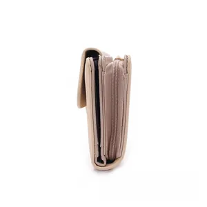 Side view of beige PU leather wallet showing multiple internal compartments and zipper