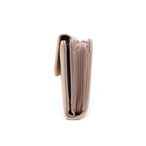 Side view of beige PU leather wallet with quilted pattern showing zipper layers
