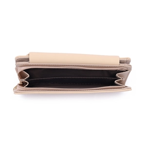 Top view of beige leather long wallet showing multi-compartment interior with zipper pocket