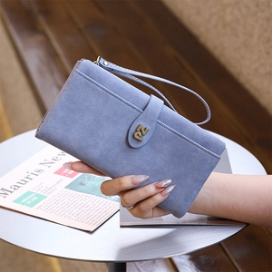 Close-up of light blue long wallet with matte finish, wristlet strap, and metal PZ buckle