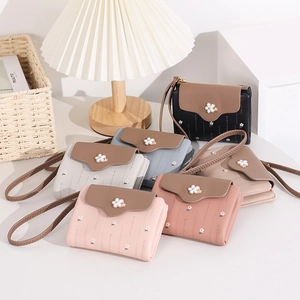 Floral print PU leather mini crossbody wallets for women with flower buckle in five colors