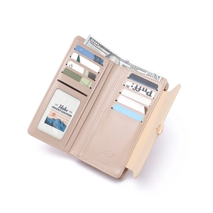 Nude pink PU leather long wallet with multiple card slots and large capacity design
