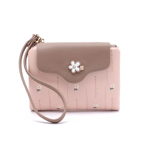 Detailed view of floral PU leather short wallet with Prettyzys logo and zip closure
